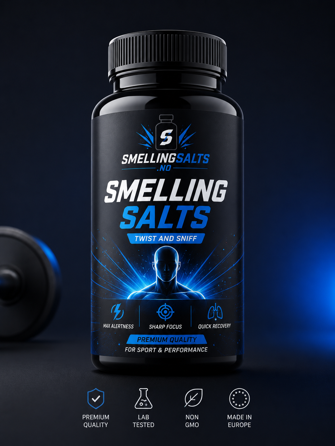 Smelling Salts Norge luktesalt – sort beholder med blå detaljer mot mørk bakgrunn